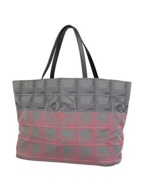 Chanel New Travel Line Tote MM CC Logo Handbag Nylon Jacquard Gray Pink